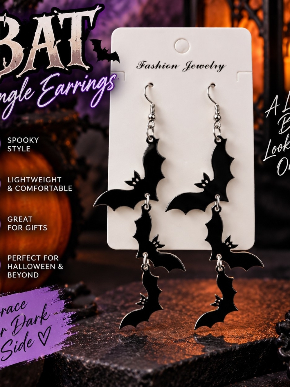 Fashion Jewelry Black Bat Tiered Dangle Earrings